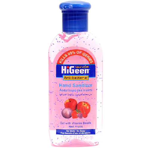 Gel dezinfectant de cu granule de vitamine A si E si lotiune hidratanta Red Fruits, 110ml, HiGeen