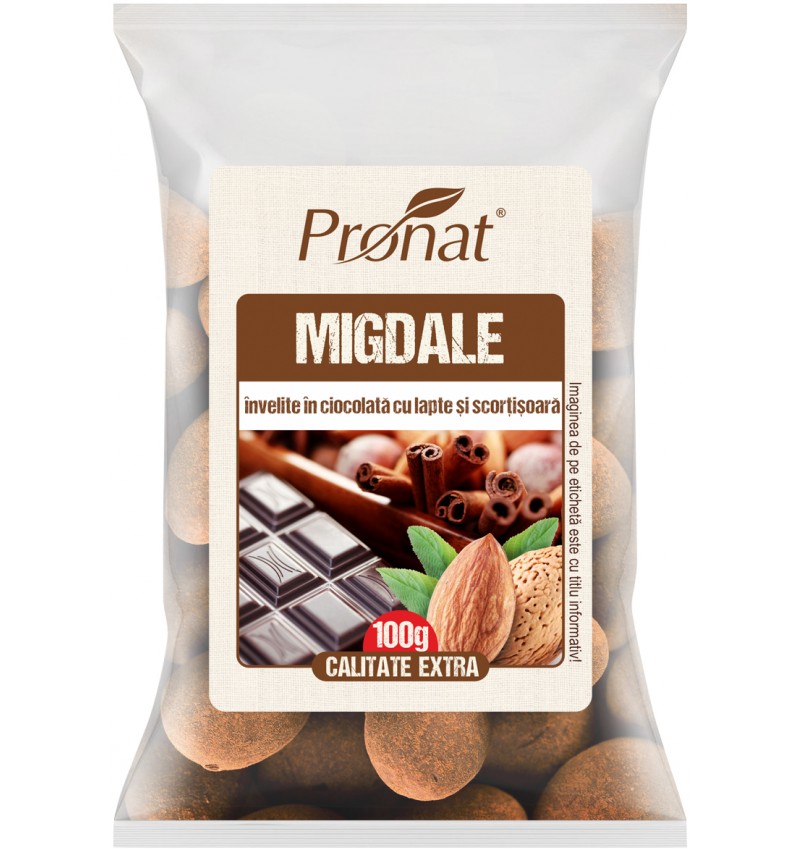 Migdale invelite in ciocolata cu lapte si scortisoara, 100g, Pronat