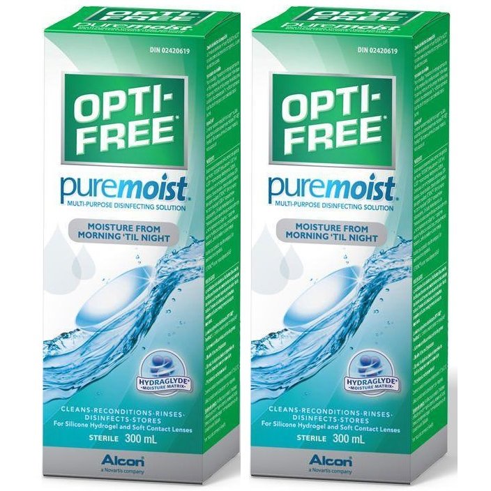 Solutie intretinere lentile de contact Opti-Free Pure Moist 2 x 300 ml + suport lentile cadou