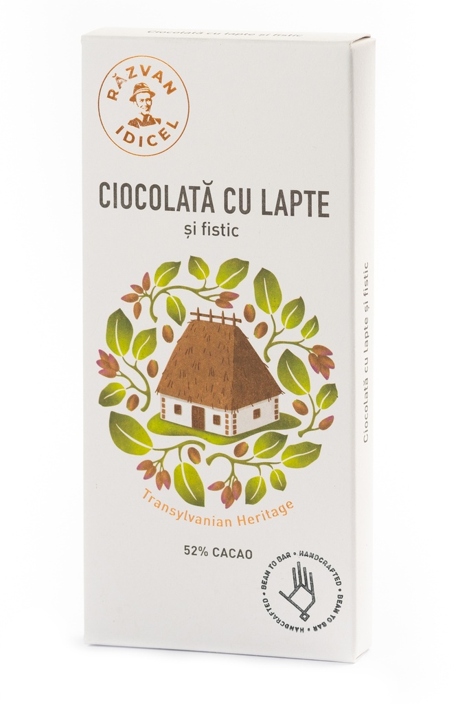 Ciocolata 54% cacao cu lapte si fistic, 80g, Razvan Idicel