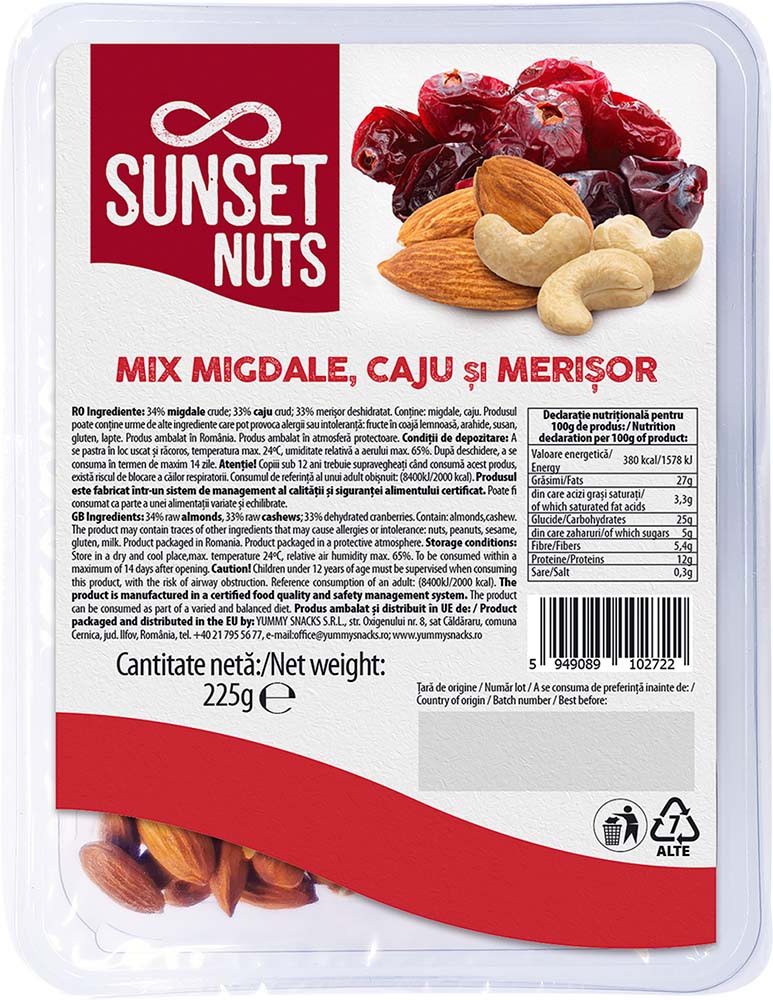 Mix migdale, caju si merisor, 225g, Sunset Nuts