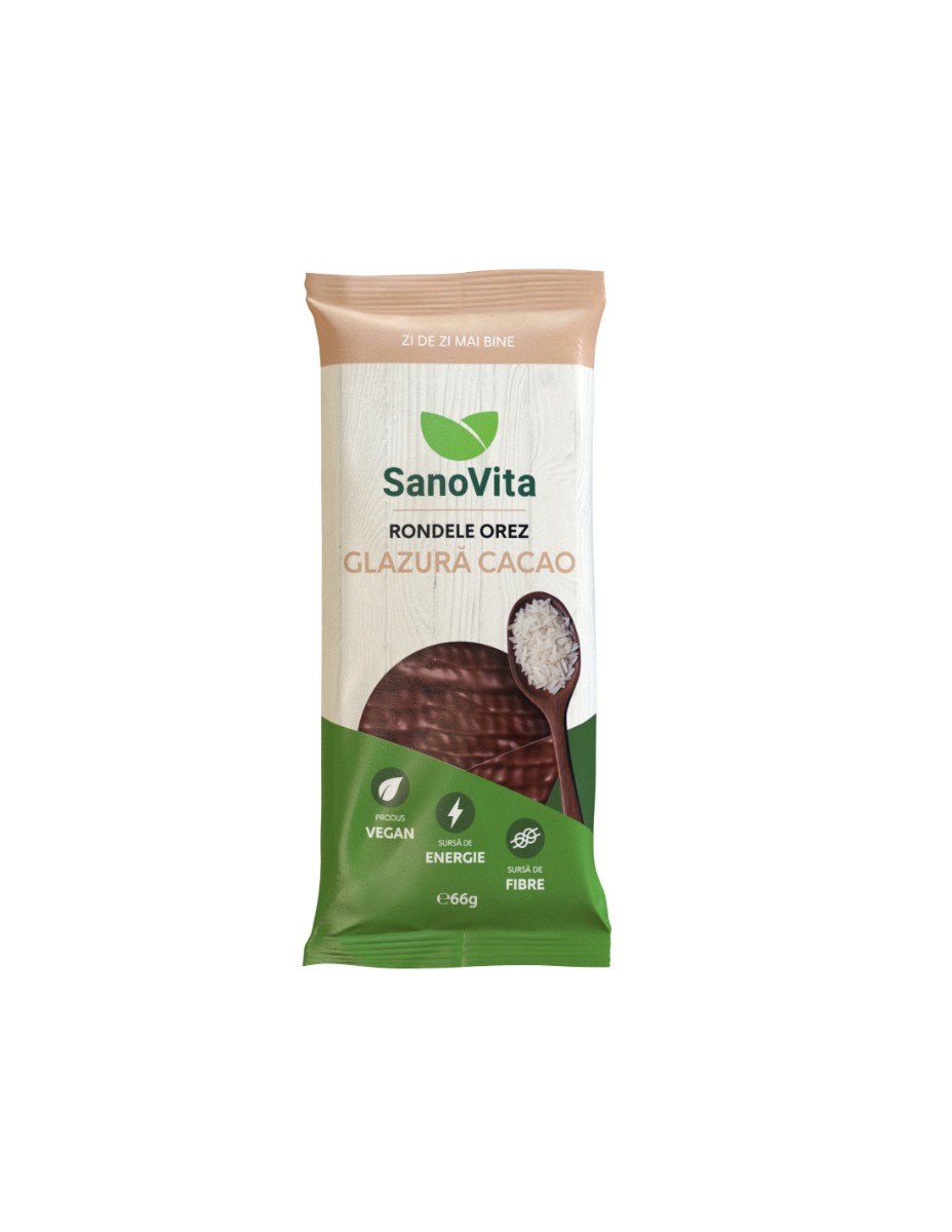 Rondele din grau expandat cu glazura de cacao, 66g, SanoVita