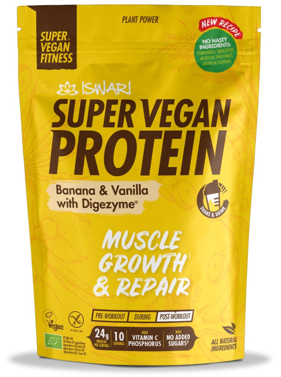Proteina Super Vegan bio banane si vanilie cu DigeZyme, 400g, Iswari