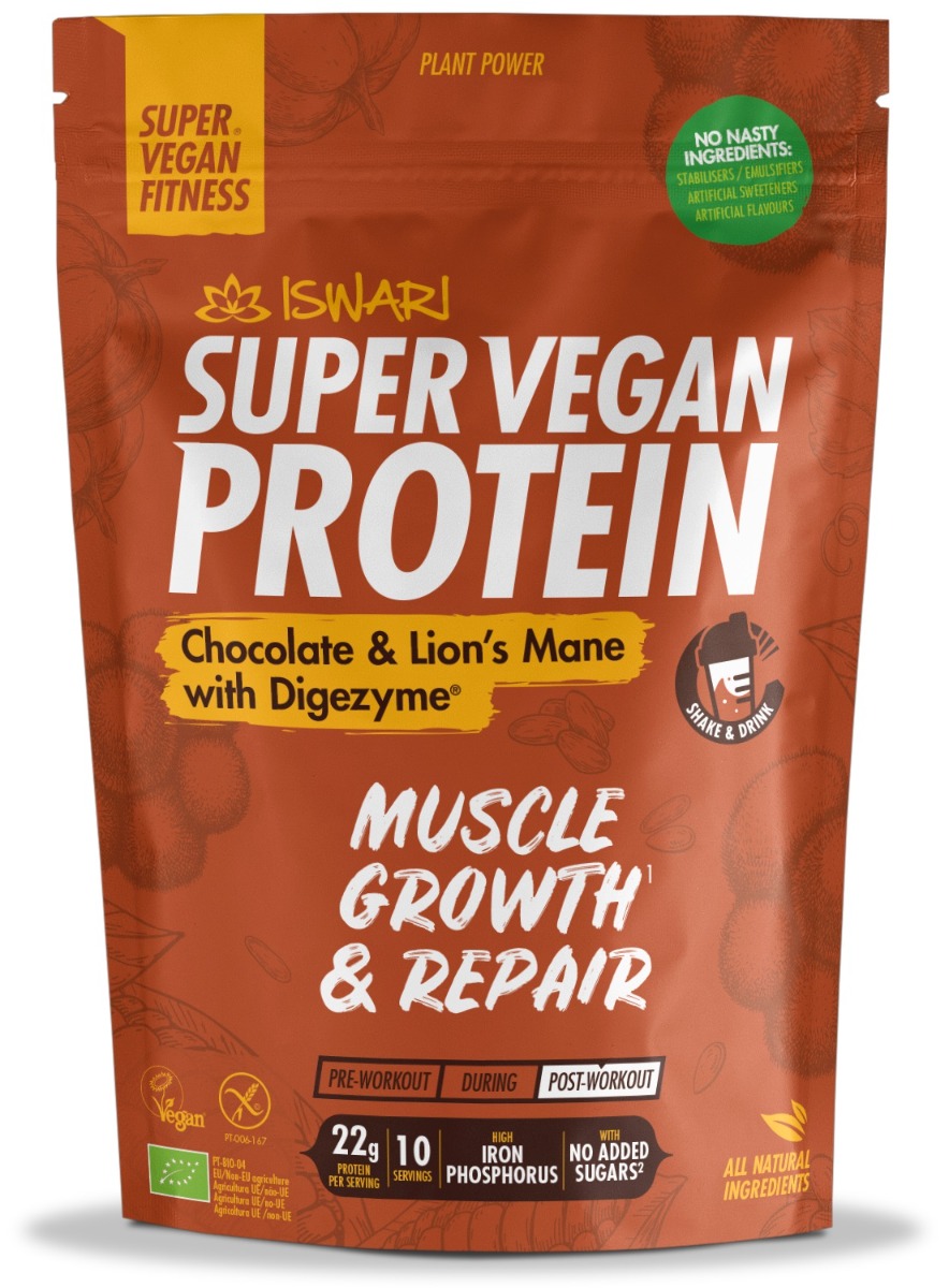 Proteina Super Vegan bio ciocolata si coama de leu cu DigeZyme, 875g, Iswari