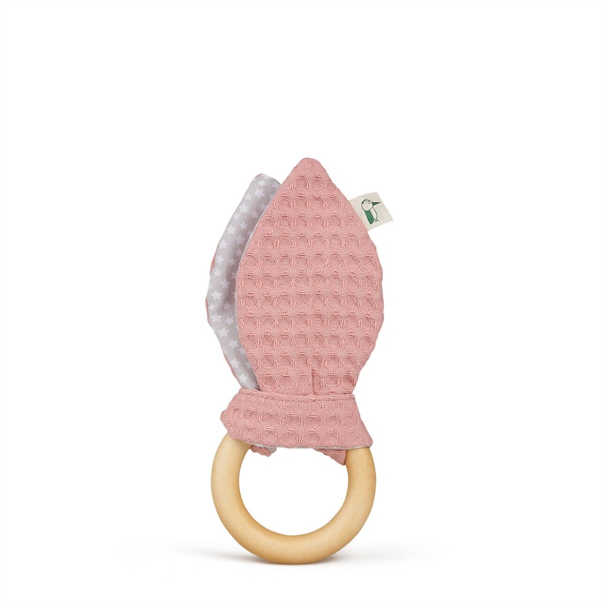 Jucarie cu inel de prindere din lemn si urechi din material textil roz 571-V2, 1 bucata, Grunspecht