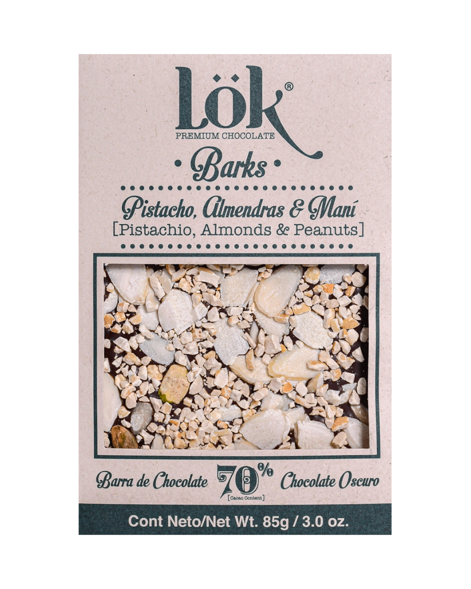 Dark Chocolate 70% cacao cu arahide, migdale si fistic, 85g, LOK