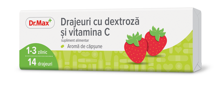 Dr. Max Drajeuri cu dextroza si vitamina C cu aroma de capsune, 14 drajeuri