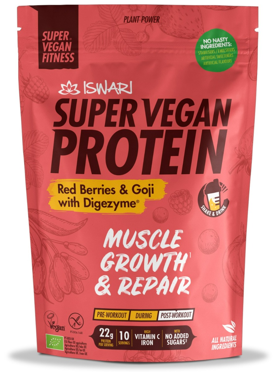 Proteina bio fructe rosii si goji cu digezyme Super Vegan, 875g, Iswari