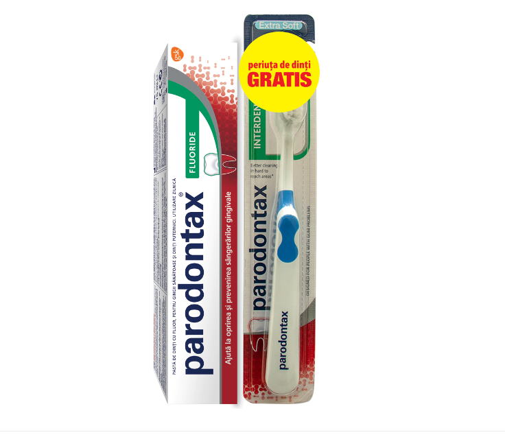 Pachet Pasta de dinti Fluoride, 75ml, + Periuta de dinti Interdental Extra Soft, 1 bucata Gratuit, Parodontax