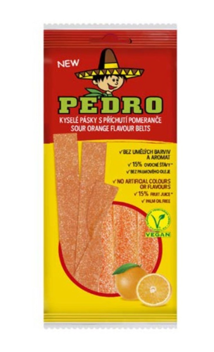 Bomboane gumate acrisoare cu aroma de portocale si forma de panglici, 80g, Pedro