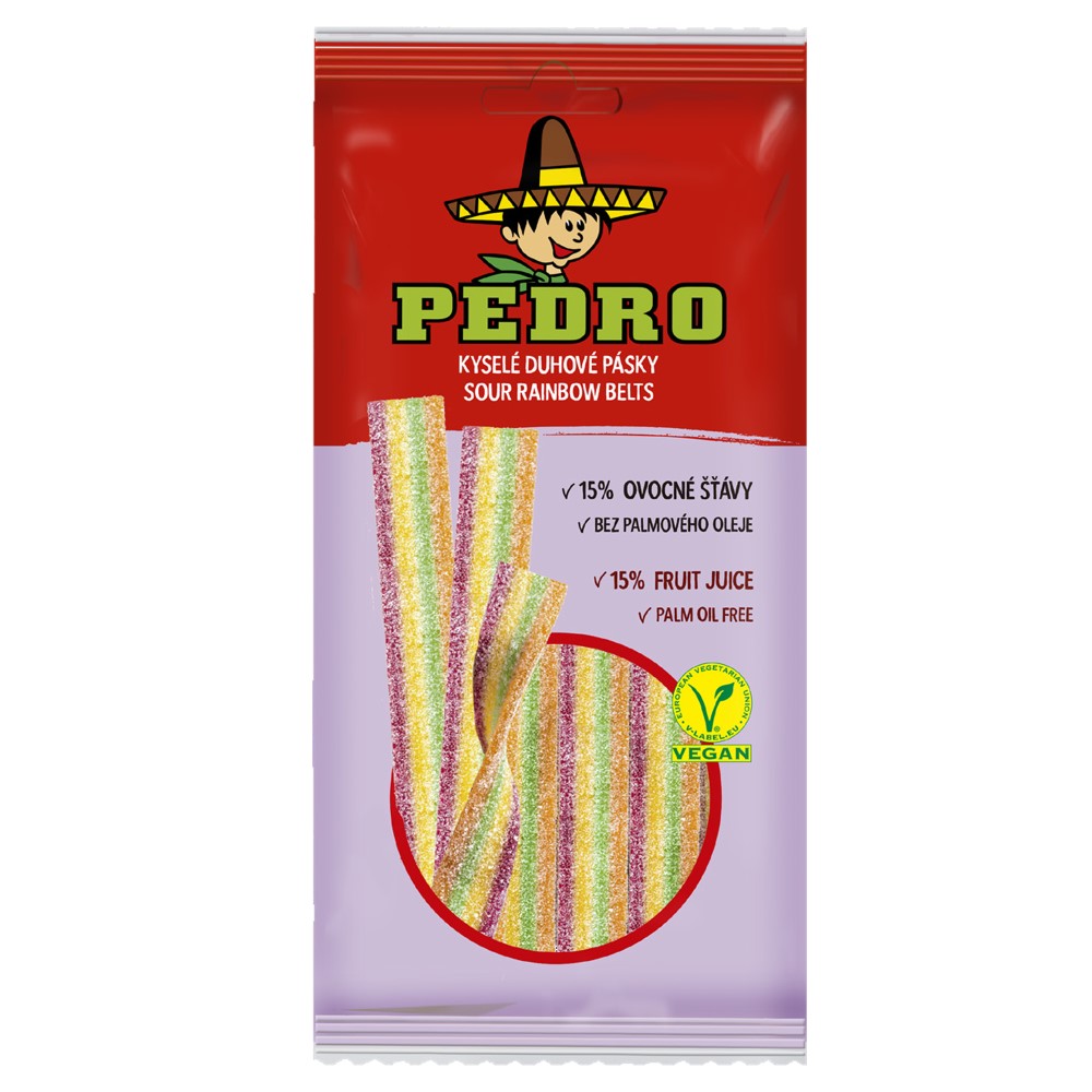 Bomboane gumate acrisoare multicolore cu forma de panglica, 80g, Pedro