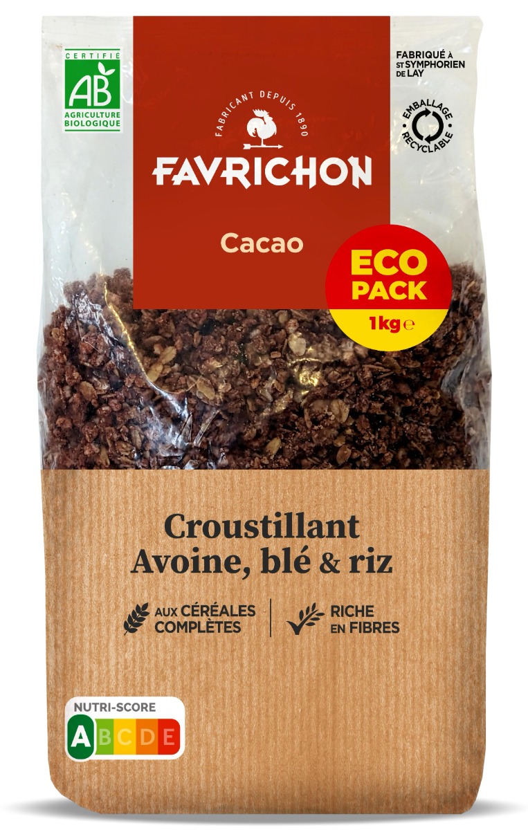 Musli bio crocant cu cereale integrale si cacao format economic, 1kg, Favrichon