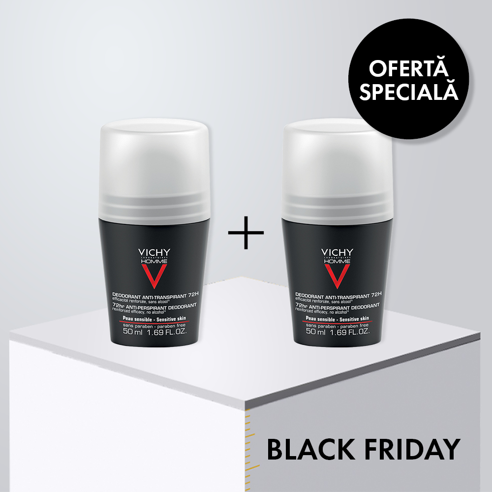 Pachet Black Friday Deodorant roll-on pentru barbati control extrem 72h Homme, 2 x 50ml, Vichy