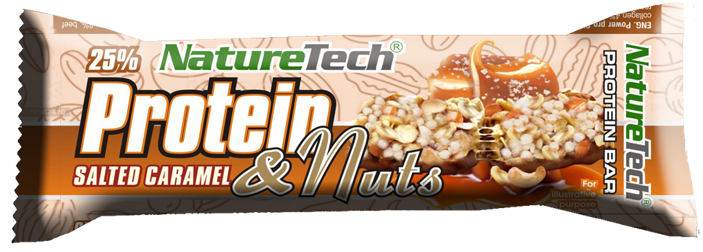 Baton energizant cu caramel sarat si nuci Protein & Nuts, 45g, Nature Tech