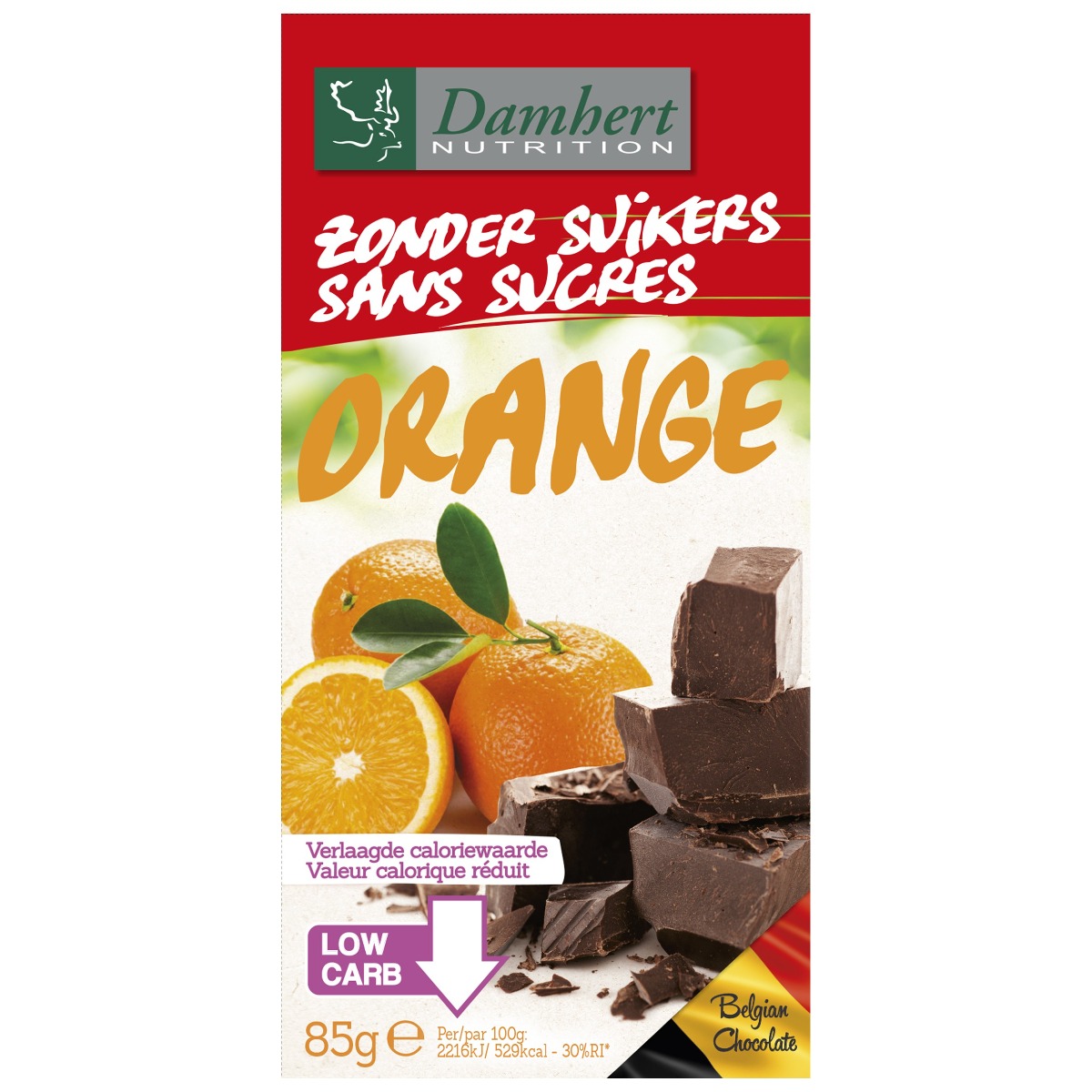 Ciocolata neagra cu portocale fara zahar, 85g, Damhert