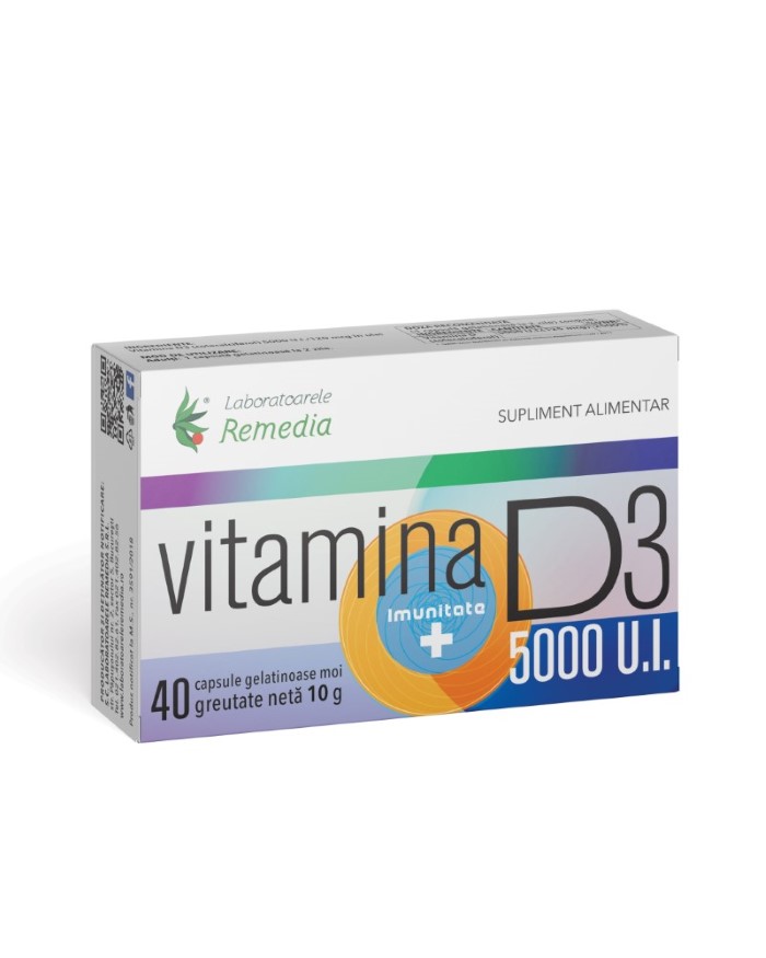 Vitamina D3 5000 UI, 40 capsule moi, Laboratoarele Remedia