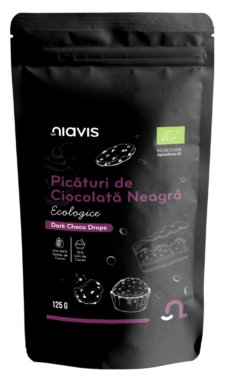 Picaturi de ciocolata neagra ecologice, 125g, Niavis