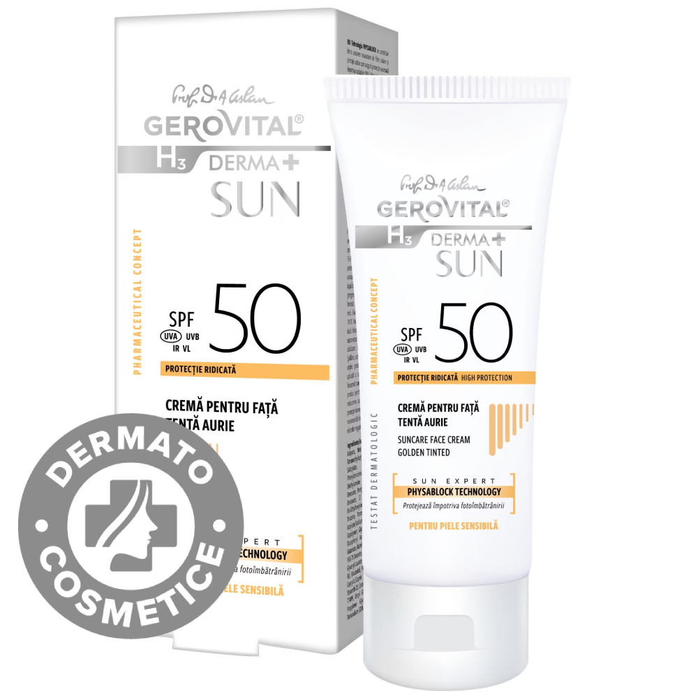 Crema de fata cu tenta aurie SPF 50 Derma+ Sun, 50ml, Gerovital