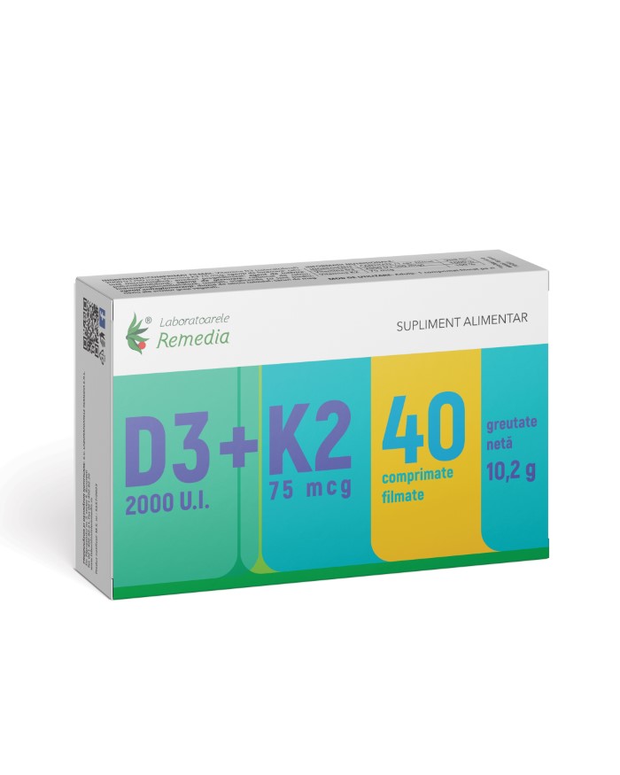 Vitamina D3 2000 UI + Vitamina K2 75 mcg, 40 comprimate filmate, Laboratoarele Remedia