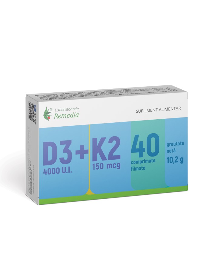 Vitamina D3 4000 UI + Vitamina K2 150 mcg, 40 comprimate filmate, Laboratoarele Remedia