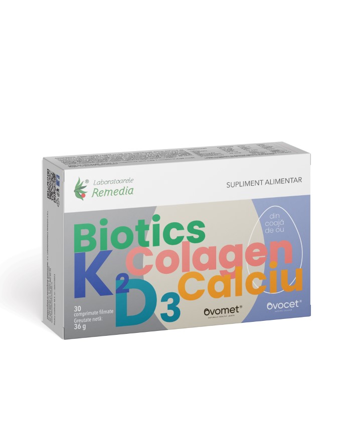 Biotics + K2 + D3 + Colagen + Calciu, 30 comprimate, Laboratoarele Remedia