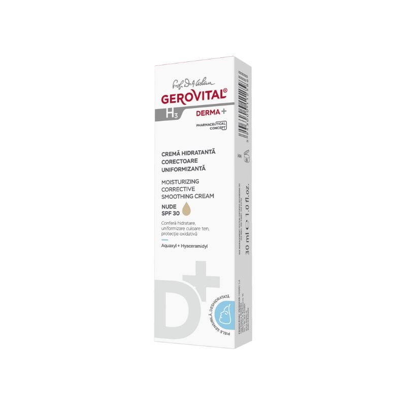 Crema hidratanta corectoare uniformizanta H3 Derma+, Nude, 30 ml, Gerovital