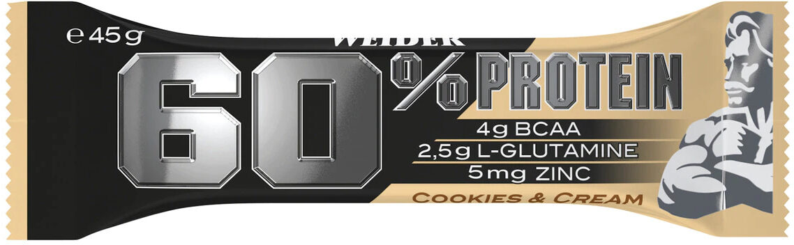 Baton proteic cu aroma de Cookies & Cream 60% Protein Bar, 45g, Weider