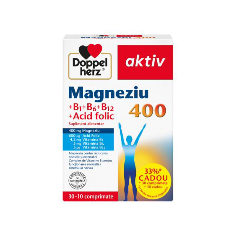 Magnesium 400 + Acid folic + Vitamina B1+B6+B12, 30+10 comprimate, Doppelherz