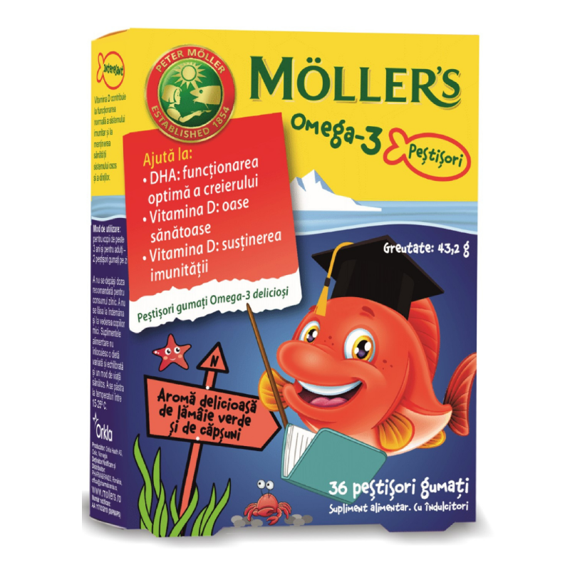 Pestisori gumati cu Omega 3 si aroma de lamaie verde si capsuni, 36 jeleuri, Moller's
