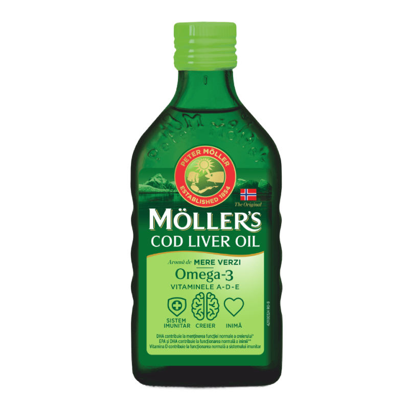 Cod liver oil Omega-3 aroma de mere verzi, 250ml, Moller's