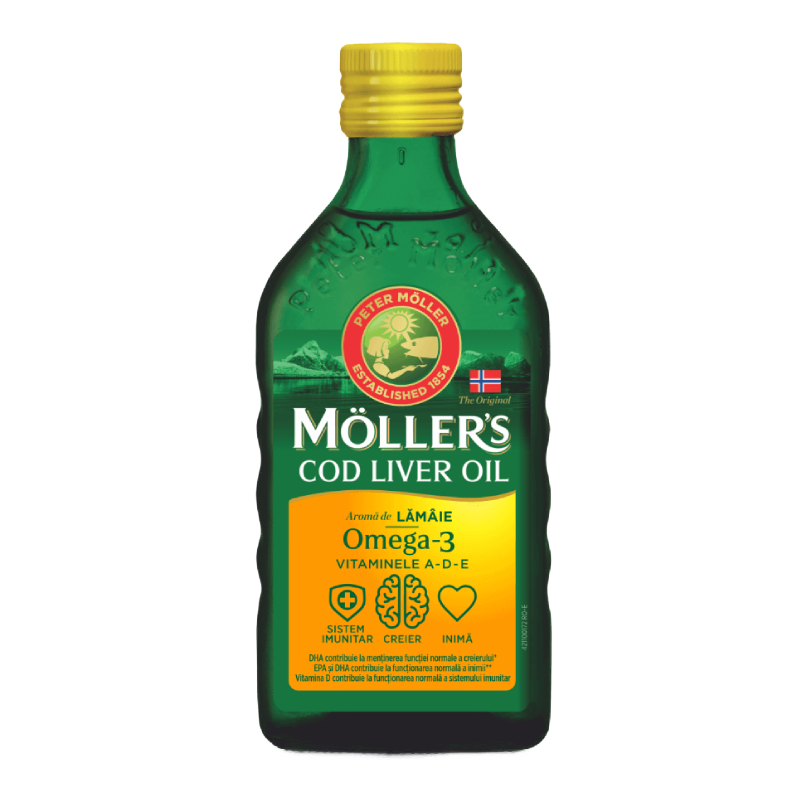 Cod liver oil Omega 3 cu aroma de lamaie, 250ml, Moller's