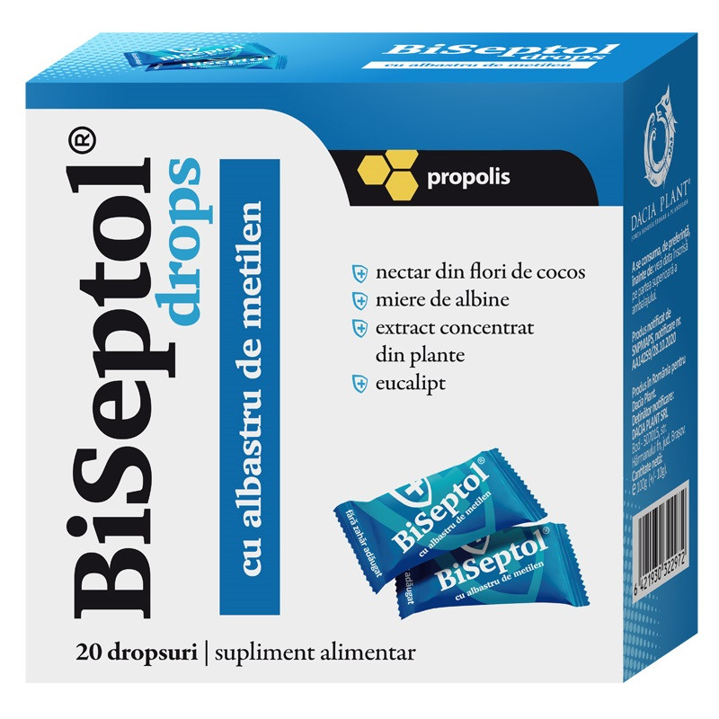 BiSeptol drops cu propolis si albastru de metilen, 20 bucati, Dacia Plant