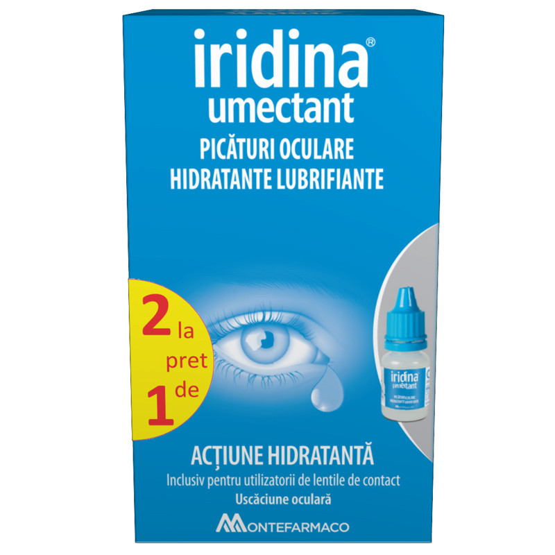 Iridina umectant, picaturi oftalmice pentru ochi uscati si obositi, 10 ml, 1+1 cadou