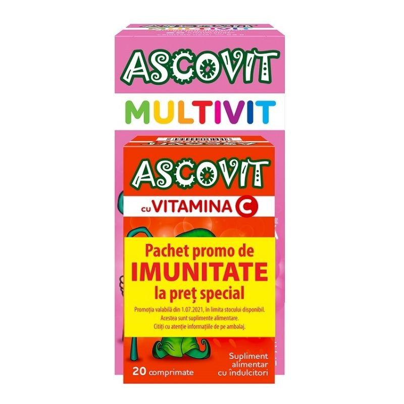 Ascovit Multivitamine, 60 comprimate masticabile+Ascovit 100 mg capsuni, 20 comprimate