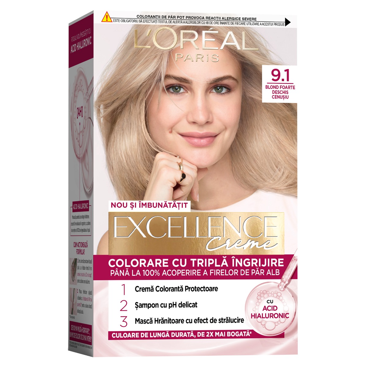 Vopsea de par permanenta Excellence Creme 9.1 Blond Foarte Deschis Cenusiu, 192ml, L'Oreal Paris