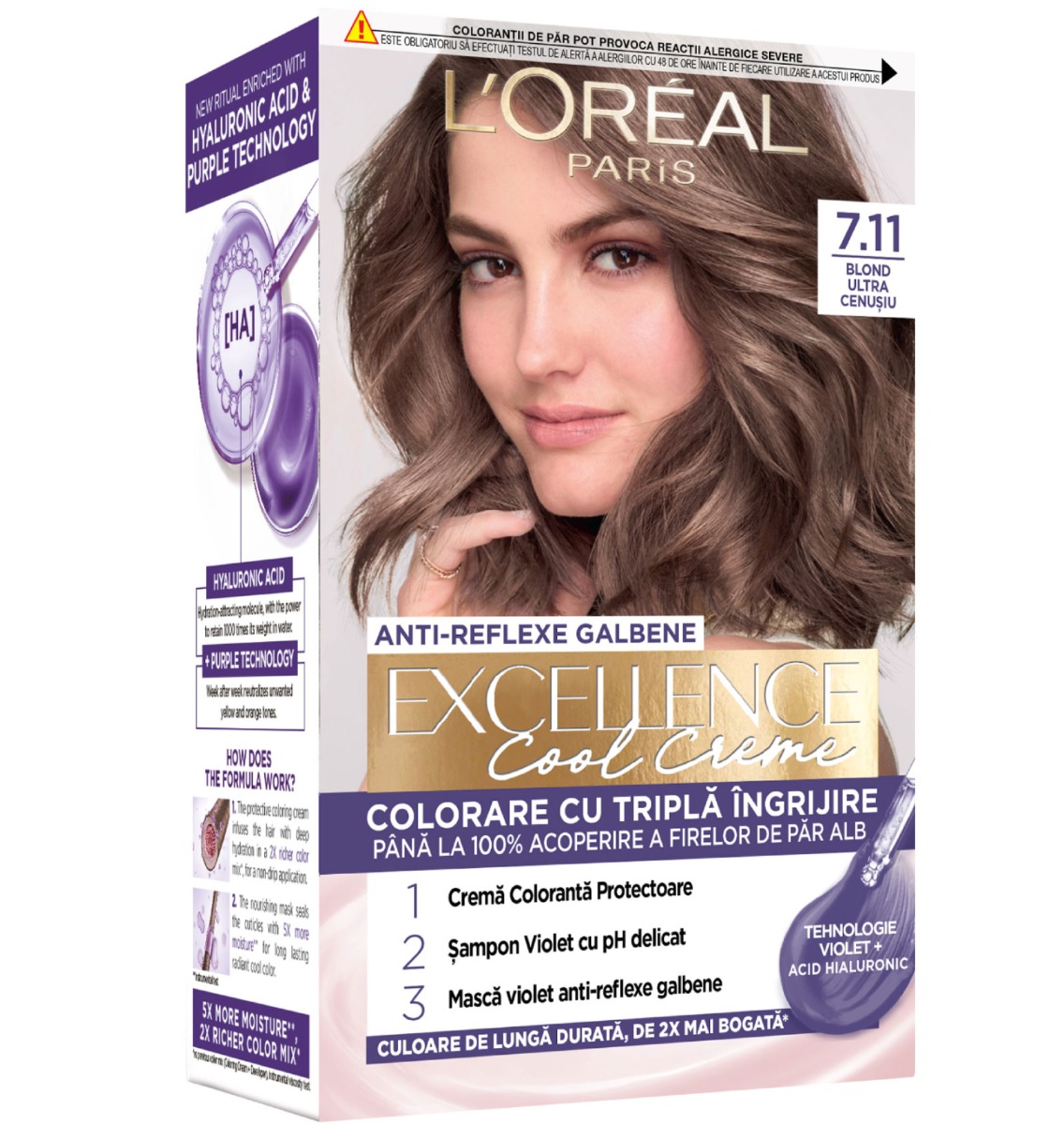 Vopsea de par permanenta Excellence Cool Creme 7.11 Blond Ultra-Cenusiu, 192ml, L'Oreal Paris