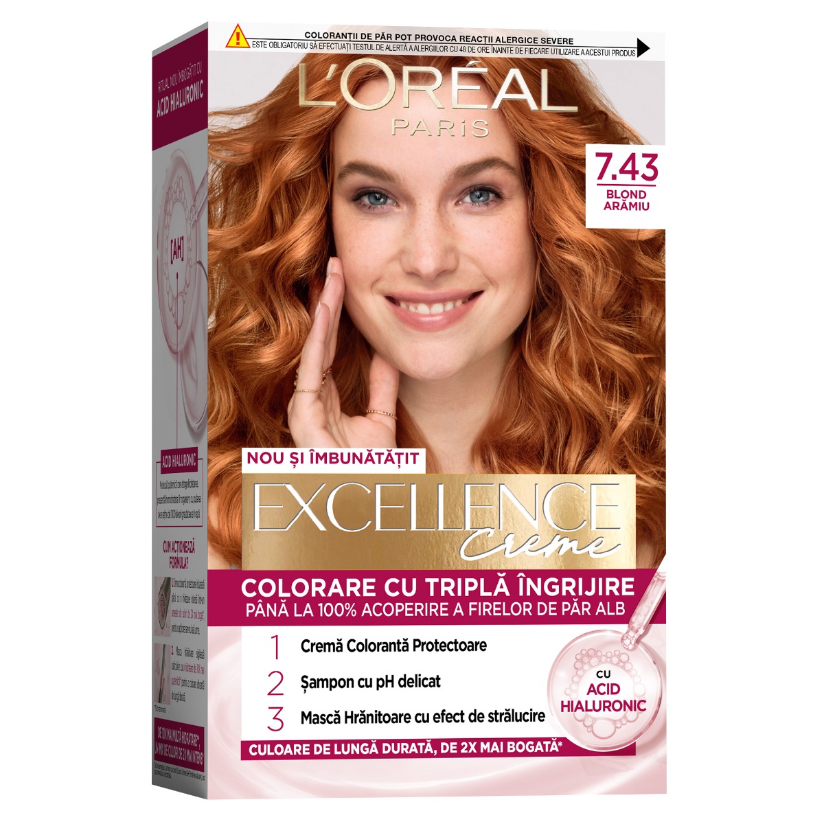 Vopsea de par permanenta Excellence Creme 7.43 Blond Aramiu, 192ml, L'Oreal Paris