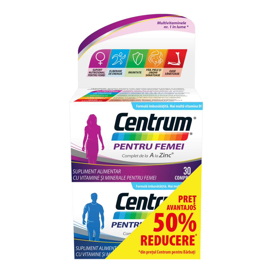 Pachet Centrum Femei, 30 comprimate + 50% la al doilea produs Centrum Barbati, 30 comprimate, Gsk