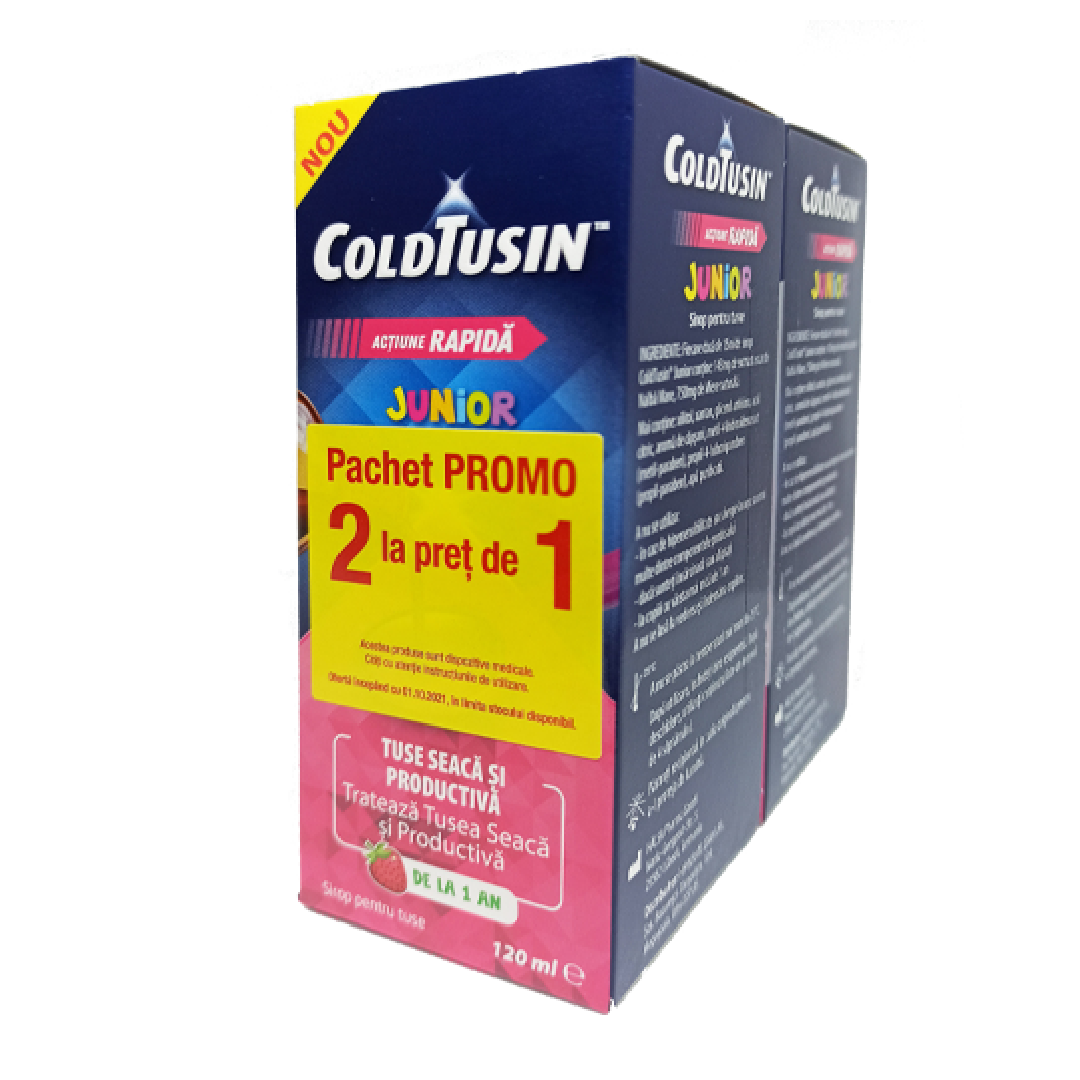 Pachet Sirop tuse seaca si productiva Coldtusin Junior, 120ml + 120ml, Perrigo