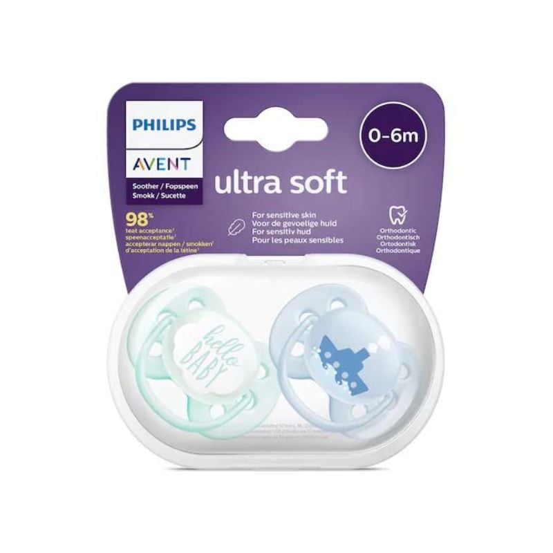 Suzete Ultra Soft, 0-6 luni, Albastru/ Verde, SCF222/01, 2 suzete, Philips Avent