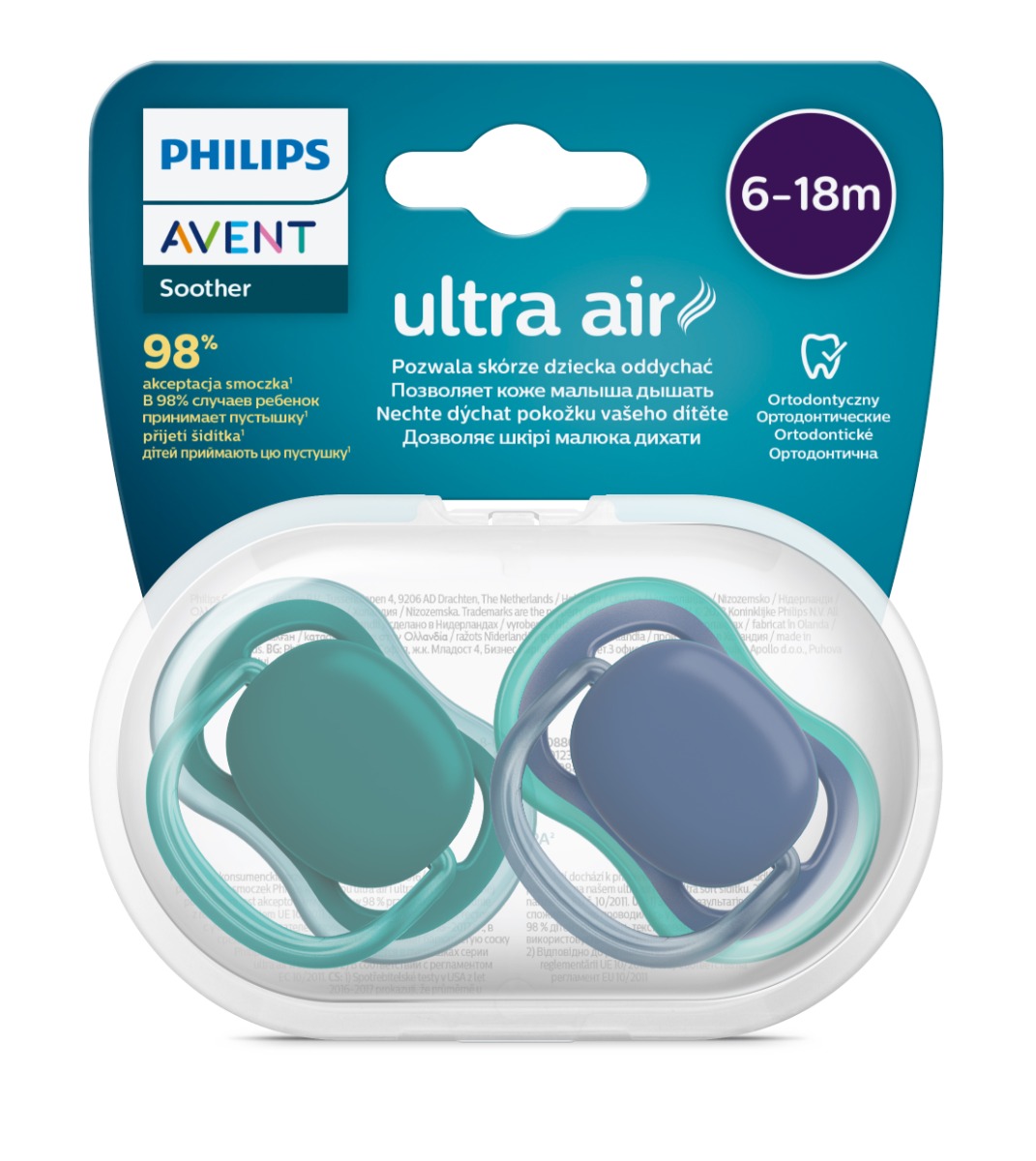 Suzete Ultra Air SCF085/31 pentru 6-18 luni Verde/Albastru, 2 bucati, Philips Avent