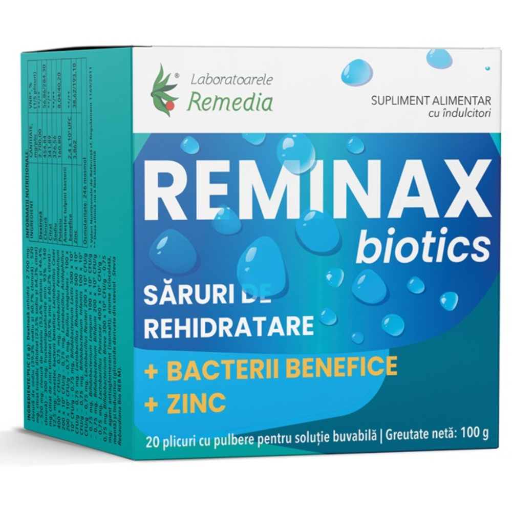 Saruri pentru rehidratare + bacterii benefice si zinc Reminax Biotics, 20 plicuri, Laboratoarele Remedia