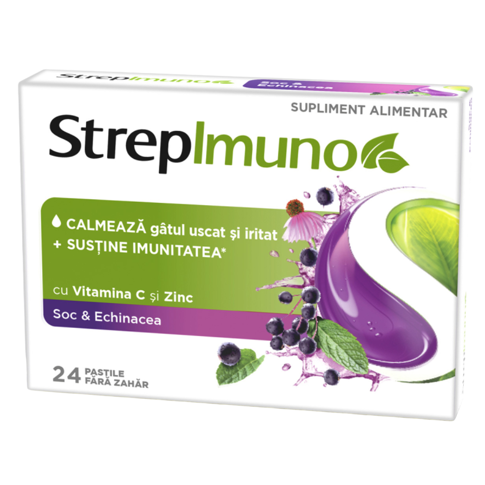 Supliment alimentar cu soc si echinacea fara zahar, 24 comprimate de supt, Strepimuno