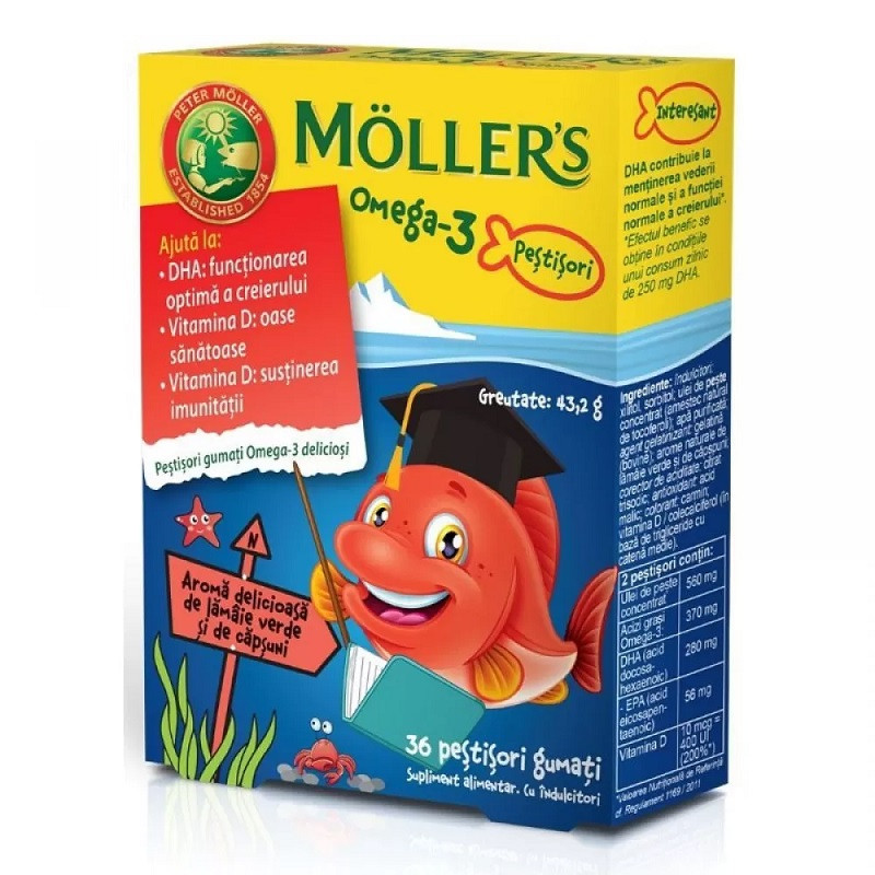 Moller's Omega 3 x 36 pestisori aroma lamai verzi si capsuni