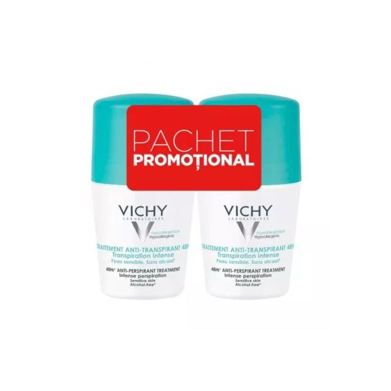 Pachet Deodorant roll-on antiperspirant, eficacitate 48h, cu parfum, 50ml, Vichy