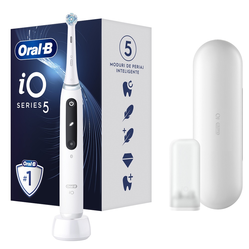 Set Periuta electrica cu tehnologie magnetica si micro-vibratii iO5 + Trusa de voiaj Alb, Oral-B