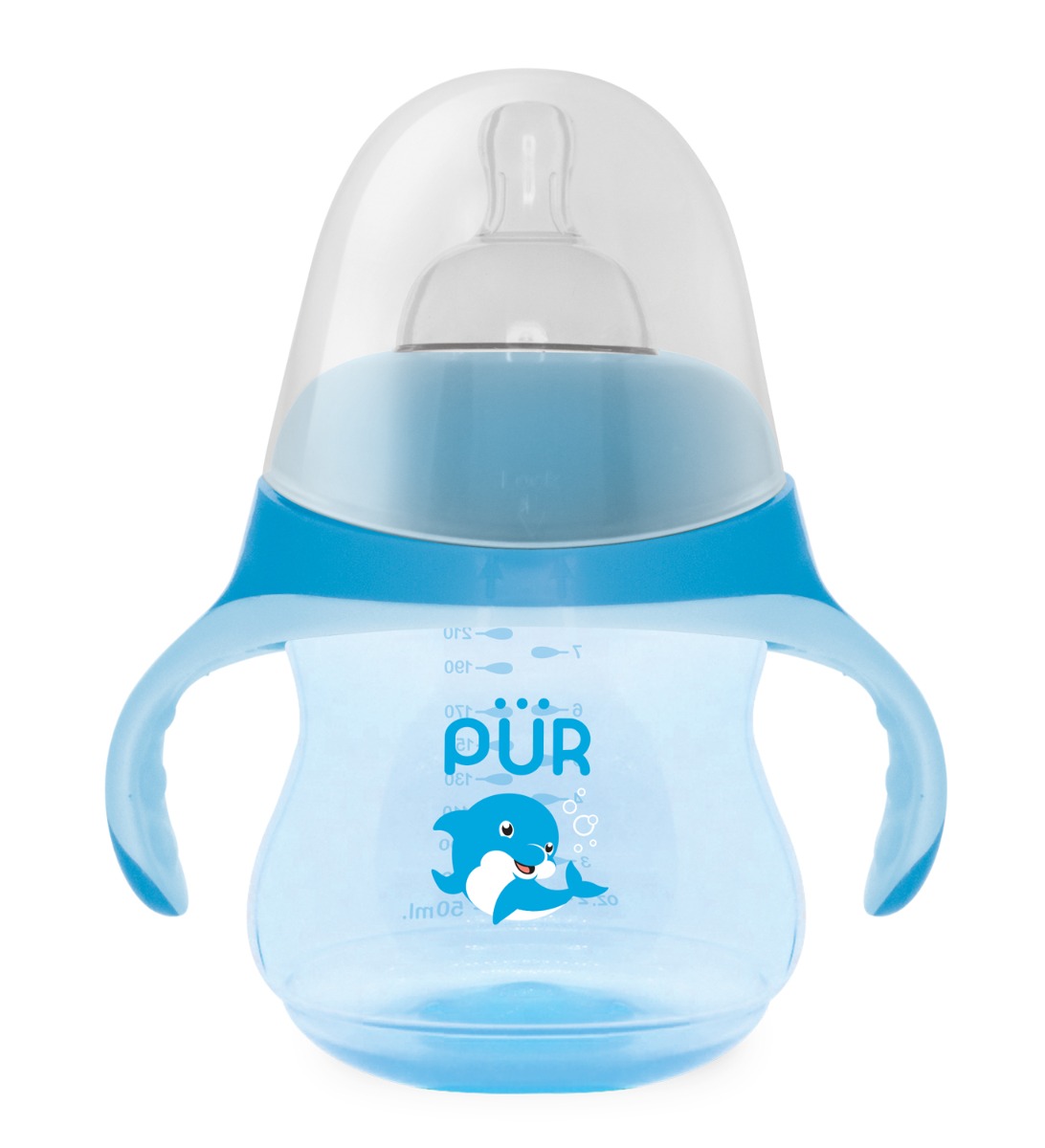 Biberon cu manere tip delfin albastru +6 luni, 230ml, PUR