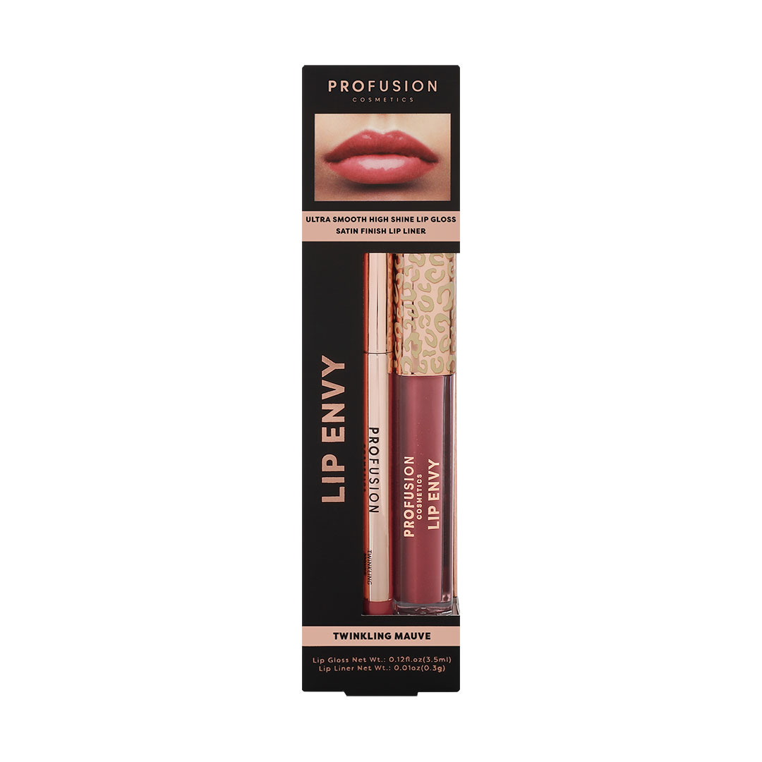 Set Luciu de buze ultra neted si lucios 3.5ml + Creion pentru buze cu finish satinat 0.3g Lip Envy Twinkling Mauve, Profusion Cosmetics