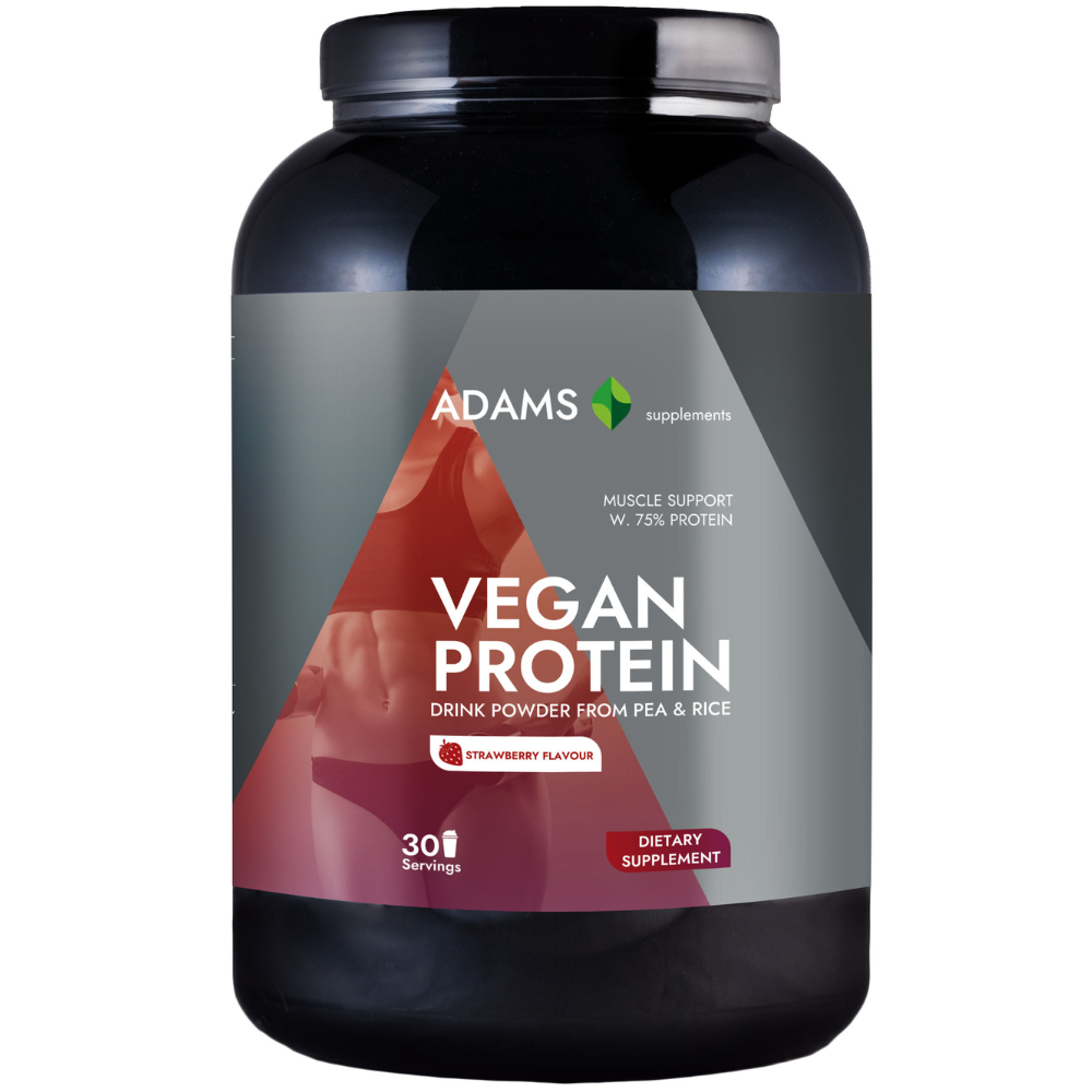 Vegan Protein cu aroma de capsuni, 908g, Adams Vision