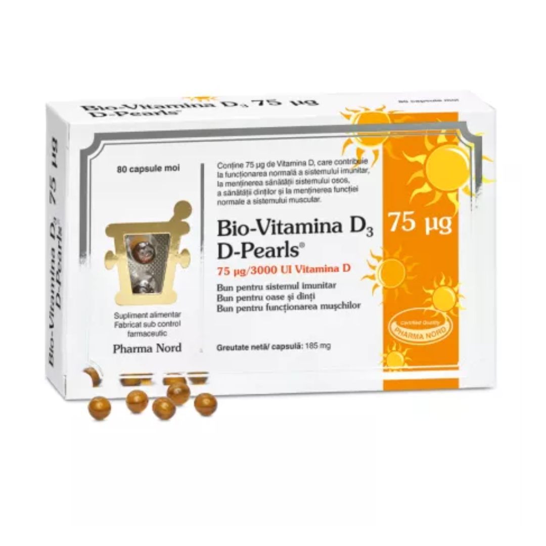 D-Pearls Bio-Vitamina D3, 3000 UI, 80 capsule, Pharma Nord